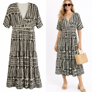 Baltic Born Austin Kimono Maxi Dress Black Cream Smocked Waist Boho L